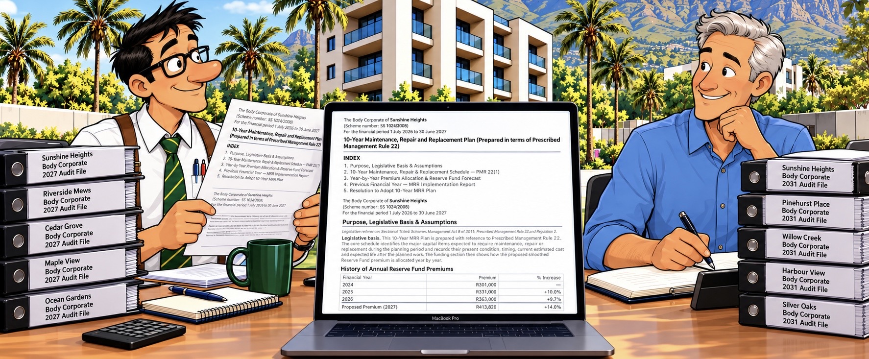 Accountant and auditor working from the same electronic 10-Year MRR Plan across audit years 2027 and 2031.